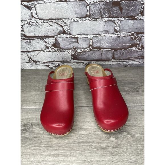 Danish Design Red Leather Wooden Heel Handmade Clogs Shoes Women Sz 38EU/7.5M US - Picture 2 of 16